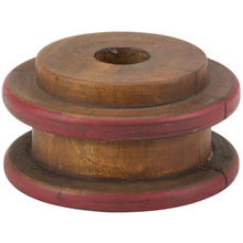 Load image into Gallery viewer, A vintage wooden pulley wheel with a natural brown wood grain and painted red outer rims, isolated on a white background.