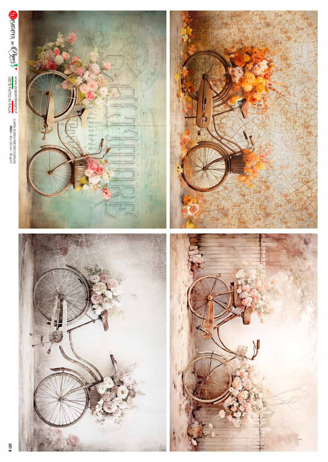 Floral Bicycles Four Pack by Paper Designs Washipaper,, 4 Vintage Bikes on 1 Sheet Rice Paper