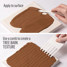 Load image into Gallery viewer, Two-panel instruction graphic showing a brown textured material being applied to a white rectangular surface. The top panel says 'Apply to surface' and shows a hand using a white spatula to spread the material.