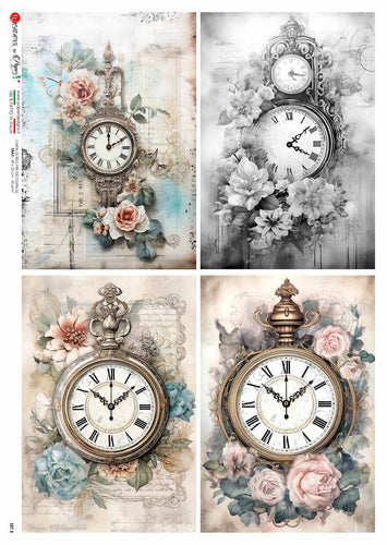 Four Clocks Four Pack by Paper Designs Washipaper Antique Clocks with Flowers