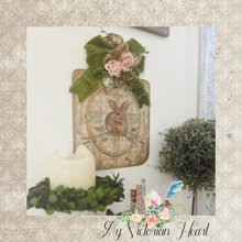 Load image into Gallery viewer, Farmhouse Cutting Board Wall Decor with Brown Bunny, Green Velvet Bow and Pink Velvet Roses
