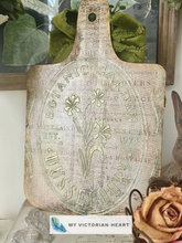 Load image into Gallery viewer, Back view of Farmhouse Grainsack Cutting Board with Vintage Botanic Garden text by My Victorian Heart