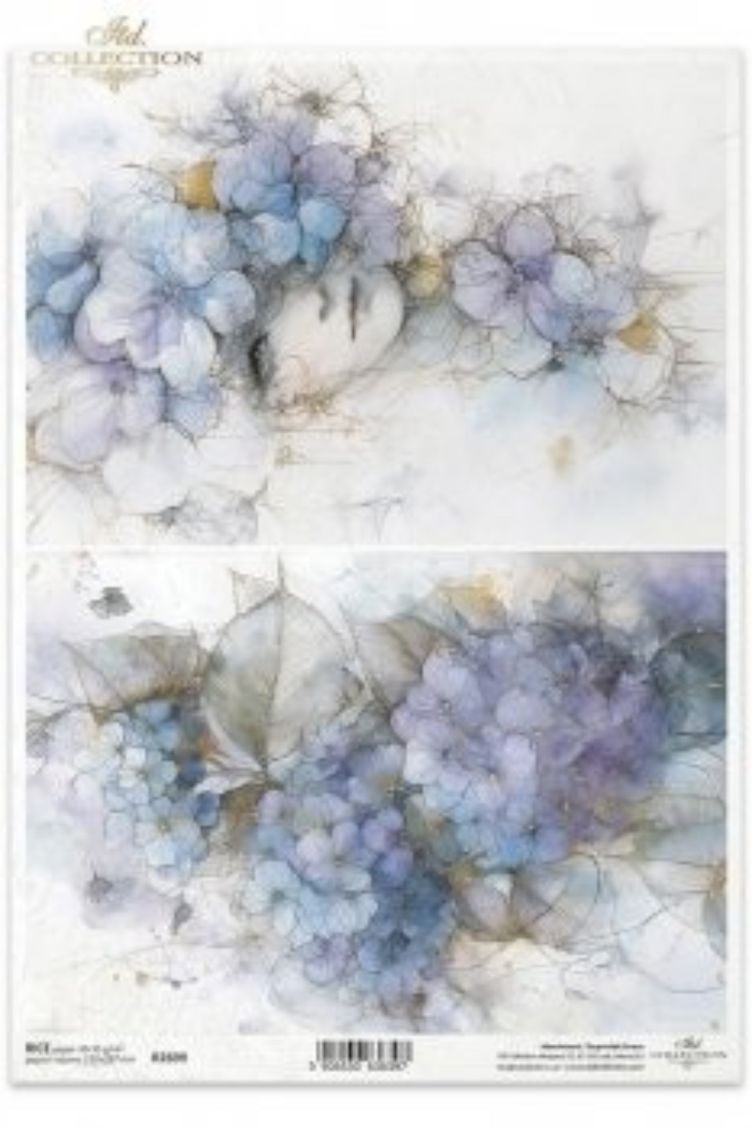 Watercolor style artistic blue hydangeas and woman on ITD Collection Rice Paper