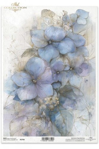 Blue Hydrangeas on ITD Collection Rice Paper in artistic hand painted watercolor style