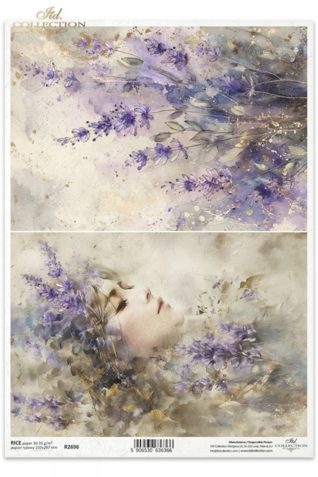 Two Artistic depictions of lavender flowers and beautiful woman on ITD Rice Paper