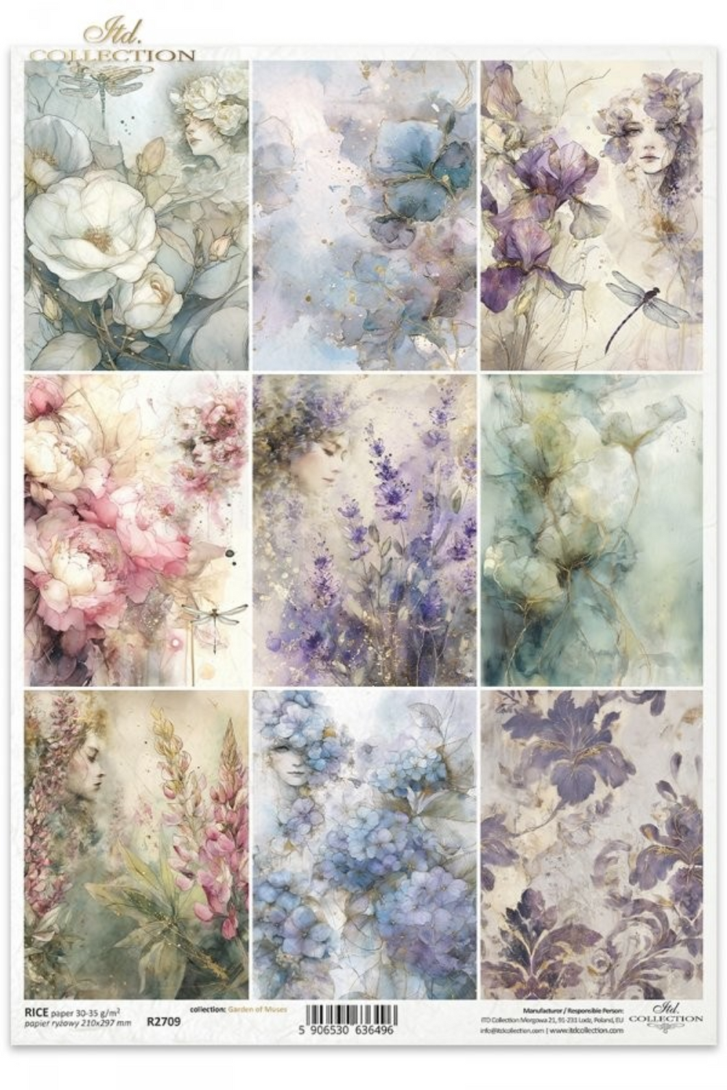 ITD Collection Garden of Muses Minis, 9 Floral Designs on 1 sheet rice paper