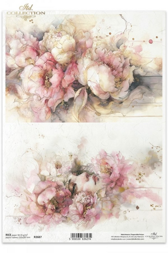 Two artistic watercolor style pink and cream white peonies flowers designs on ITD Collection Rice Paper