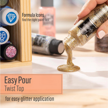 Load image into Gallery viewer, Person pouring glitter from a bottle onto a surface with text about easy pour twist top application.