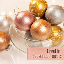 Load image into Gallery viewer, Decorative Christmas balls in gold, silver, and rose gold on a clear glass plate with text 'Great for Seasonal Projects'.