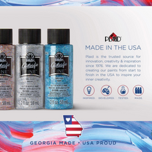 Load image into Gallery viewer, Three bottles of FolkArt Glitterific Fine acrylic paint with Plaid branding and text about being made in the USA.