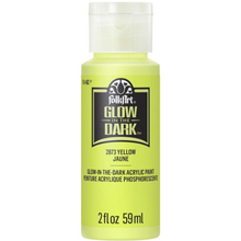 Load image into Gallery viewer, A bottle of FolkyArt Glow in the Dark acrylic paint in color code 2873 Yellow / Jaune. The bottle is a bright neon yellow-green with a black and white label, topped with a clear ribbed cap, on a solid white background.
