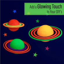 Load image into Gallery viewer, A promotional graphic with the text 'Add a Glowing Touch to Your DIY's' on a green banner, showing three colorful glowing planets with rings floating on a dark navy background with star shapes.