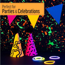 Load image into Gallery viewer, Colorful party hats and glow sticks on a dark background with confetti, labeled 'Perfect for Parties &amp; Celebrations'.