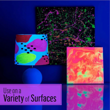 Load image into Gallery viewer, Colorful abstract art pieces on a dark background with text 'Use on a Variety of Surfaces'.