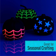 Load image into Gallery viewer, Three black pumpkins decorated with glowing LED web and star patterns, shown against a dark blue background with a teal text box that reads 'Great for Seasonal Crafting'.