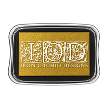 Load image into Gallery viewer, Iron Orchid Designs gold foil stamp with a black ink pad and silver metal frame, featuring a white ornate gothic letter 'F' and the brand name 'IRON ORCHID DESIGNS'.