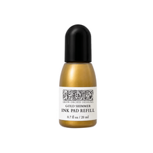 Load image into Gallery viewer, Iron Orchid Designs Gold Shimmer Ink Pad Refill in a 0.7 fl oz bottle with a black cap and white label, on a white background.