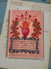 Load image into Gallery viewer, A square pink decorative card or print featuring a red heart, crown, floral wreath, and a French text panel, placed on top of patterned paper.