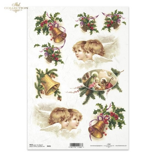 Holly Angel Bells Rice Paper by ITD Collection, R0451, A4, Christmas themed with angels, bells, and holly decorations.
