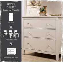Load image into Gallery viewer, White dresser with decorative items on top, including a lamp and plant, with text about paint size and usage.
