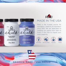 Load image into Gallery viewer, Plaid chalk paint bottles with branding and product details on a colorful background