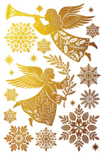 Load image into Gallery viewer, A festive graphic design featuring two gold-toned angels with wings, surrounded by intricate gold snowflakes and star motifs on a white background.