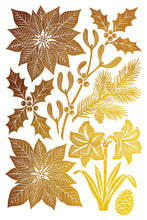Load image into Gallery viewer, A set of Christmas-themed botanical cutout designs in metallic gold and bronze tones on a white background, including poinsettias, mistletoe, holly, pine branches, daffodils, and a pinecone.
