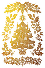 Load image into Gallery viewer, A decorative gold-toned Christmas tree illustration framed by ornate floral and leaf garlands on a white background.