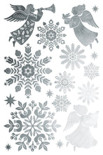 Load image into Gallery viewer, A sheet of silver holographic foil stickers featuring Christmas designs, including two angels, snowflakes, and stars, arranged on a white background.
