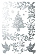 Load image into Gallery viewer, A decorative Christmas-themed graphic with a central stylized tree, holly leaves, pinecones, berries, two birds, and the phrase 'Christmas in Art &amp; Song' in ornate script on a white background.