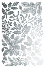 Load image into Gallery viewer, A sheet of silver metallic foil stamps featuring various winter botanical designs, including mistletoe, holly leaves, pine branches, acorns, and ivy, arranged on a white background.
