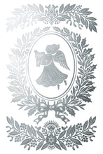 Load image into Gallery viewer, A monochrome silver-toned decorative graphic featuring a central oval with an angel figure surrounded by ornate leafy wreaths and floral motifs on a white background.