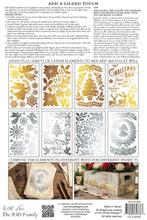 Load image into Gallery viewer, Back cover of a craft pattern booklet titled 'ADD A GILDED TOUCH' by The IOD Family, showing product details, text instructions, and sample stencil designs in gold and silver on a white background.
