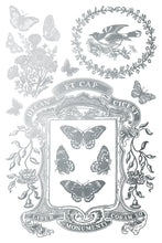 Load image into Gallery viewer, IOD Papillon Gilded Transfer Sheet 1 of 8 silver butterfly and birds 