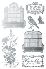 Load image into Gallery viewer, Sheet 2 of 8 featuring birds, birdcages, butterflies and French labels in IOD Gilded Papillon Transfer