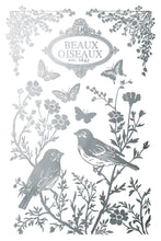 Load image into Gallery viewer, Decorative design in IOD Papillon Sheet 4 of 8 Transfer with birds, flowers, and butterflies on a white background with 'Beaux Oiseaux' on French label.