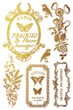 Load image into Gallery viewer, IOD Gilded Papillon Transfer Sheet 5 of 8 gold frames french labels, birds and butterflies