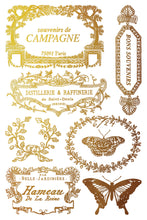 Load image into Gallery viewer, Collection of vintage-style decorative gold French labels with florals, butterflies in IOD Gilded Papillon Transfer Sheet 7 of 8