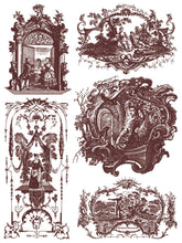 Load image into Gallery viewer, Sheet 1 of 8 of IOD Hameau De La Reine Paint Inlay depicting a set of French pastoral vignettes with classical scenes and architectural elements in rich plum brown.