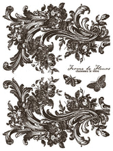 Load image into Gallery viewer, Ornate acanthus leaves and florals with butterflies iand French script in Sheet 3 of 8 in IOD Hameau De La Reine Paint Inlay.