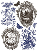 Load image into Gallery viewer, Ornate oval frames with swan and sheep and floral botanicals with French text in Sheet 4 of 8 IOD Hameau De La Reine Paint Inlay.