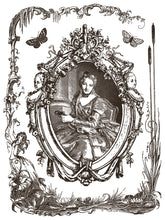Load image into Gallery viewer, Decorative black and white illustration of a woman in an ornate French frame with butterflies and plants in Sheet 5 of 8 in IOD Hameau De La Reine Paint inlay.