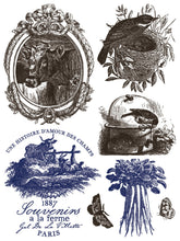 Load image into Gallery viewer, IOD Hameau De La Reine Paint Inlay Sheet 6 of 8 depicting varied French country rustic farmhouse animals, bird, bull, carrots in antique French style.