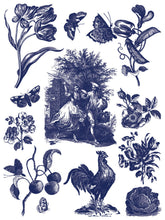 Load image into Gallery viewer, IOD Hameau De La Reine Paint Inlay Sheet 7 of 8 in blue color depicting French country scenes with florals, fruit, a romantic couple, French Rooster.