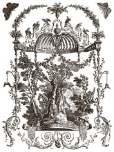 Load image into Gallery viewer, IOD Hameau de La Reine Paint Inlay Sheet 8 of 8 of a French country illustration with trees, architectural elements, swags and flourishes forming a decorative frame. 