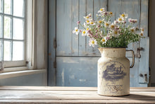 Load image into Gallery viewer, Vintage-style milk can pitcher created with IOD Hameau de la Reine Paint Inlay with flowers in rustic setting.
