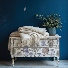 Load image into Gallery viewer, Decorative chest with various elements in French country toile pastoral designs created with IOD Hameau de la Reine Paint Inlay.