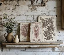 Load image into Gallery viewer, Rustic wood panels decorated with IOD Hameau De La Reine Paint Inlay designs in a French farmhouse country style.