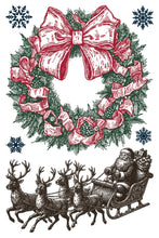 Load image into Gallery viewer, A festive Christmas wreath illustration with a large red bow, green pine branches, and red ribbon accents, plus a black-and-white drawing of Santa Claus in a sleigh pulled by reindeer, on a white background.