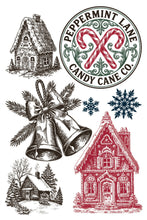 Load image into Gallery viewer, A collection of Christmas-themed graphic designs on a white background, including a gingerbread house, a round 'Peppermint Lane Candy Cane Co' logo with red candy canes and green scrollwork, a pair of hanging bells with pine branches, two blue snowflakes, and another gingerbread house in red and black sketch style.